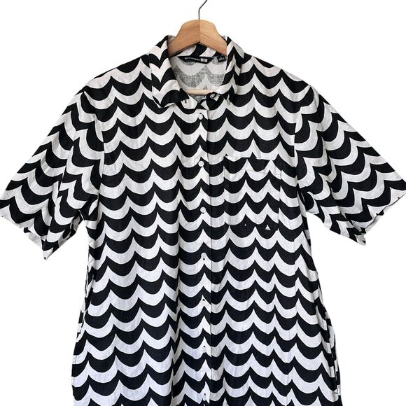 Marimekko X Uniqlo Small Black White Wave Print Linen Blend Shirt Midi Dress - Picture 6 of 10